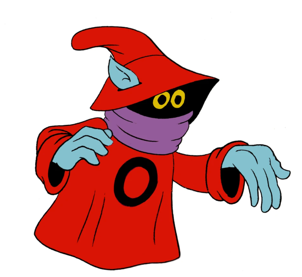 an image of Orko who wears a red hat and robe and purple scarf. his blue hands and ears are the only body parts visible and his glowing yellow eyes peer out from darkness