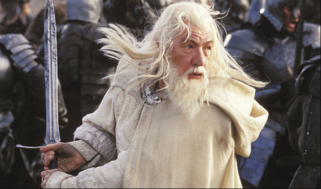 a screen cap of gandalf the white fighting in the lord of the rings live action movies