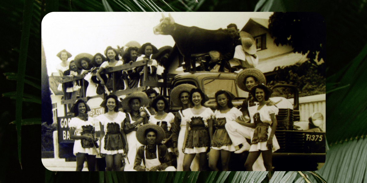 A family photo from the writers archives that includes their grandmother in a milkmaid costume during Carnival in Trinidad & Tobago. Trinbagonian Carnival.