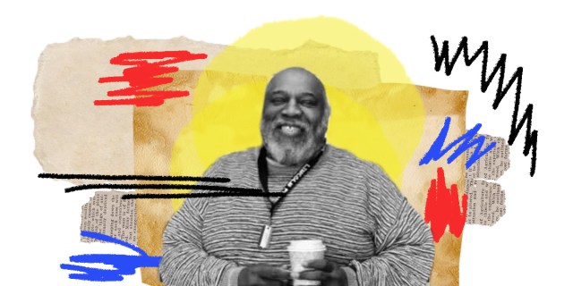 a black and white photo of Donald Bell, an older Black man with a beard and a large smile. Behind Don is a gorgeous collage filled with yellows, blacks, blues, and reds.