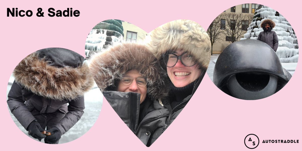A collage of three images on a pale pink background: in the center is a heart shaped image of Nico and Sadie, bundled up in huge winter coats with big fur edges on the hood. The photo on the right shows Sadie posing by the eye sculpture they had their proposal by, and the photo on the left shows Sadie bending down to propose with ring in her hand. The text reads: Nico and Sadie. 