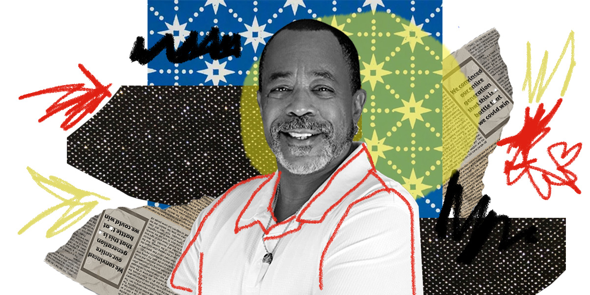 a black and white photo of Malcolm Reid, a smiling Black gay man and elder, is the center focal point of this collage. Beautiful collaged items including newsprint, colors, squiggles, and lines surround Malcolm.