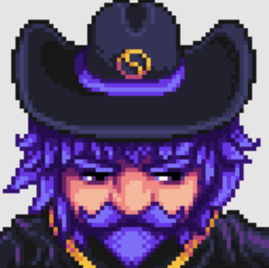 a shot of rasmodius from stardew valley who is a pixelated character. he has purple hair and a beard and pale skin and is wearing a black cowboy hat