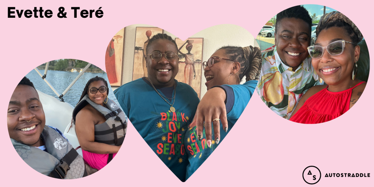 A collage of three images on a pale pink background: in the center is a heart shaped image of Evette and Teré in matching pajamas that say Black Joy Eve Season, grinning, while Evette shows off her ring and gorgeous manicure. The photo on the right shows Evette and Teré dressed up and grinning, and the photo on the left shows the two of them in lifejackets on a boat, also grinning. The text reads Evette and Teré.