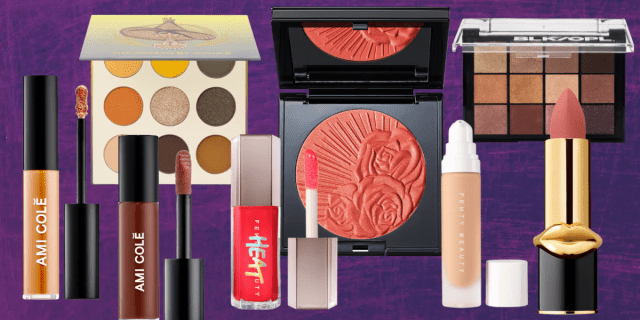 Lip glosses, eyeshadow palletes, blush and foundation are arranged in a collage against a purple background.