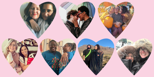 A collage of seven heart shaped images featuring seven different relationships on a pale pink background. The hearts feature photos of the seven relationships interviewed for this column: Kristen and Kayla, Beth and Sa’iyda, Yasmeen and Clio and their polycule, Adrienne, and Jenny, Evette and Teré, Amanda-Faye and Jo, and Sadie and Nico.