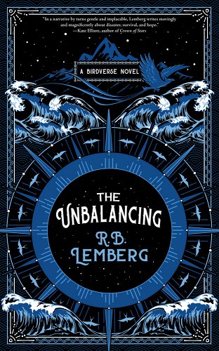 The Unbalancing by R.B. Lemberg features waves and birds on it along with a compass shape