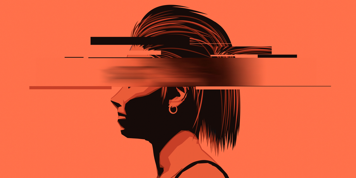 An illustration of a queer person with their shaved on the sides, in profile, against a red-orange background. This person's eyes is blocked out by a variety of blurred lines.