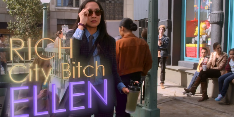 Ellen from HIMYF leaves the subway and puts sunglasses on, text that says Rich City Bitch ELLEN appears in front of them.
