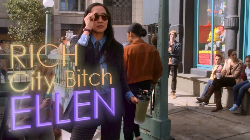 Ellen from HIMYF leaves the subway and puts sunglasses on, text that says Rich City Bitch ELLEN appears in front of them. 
