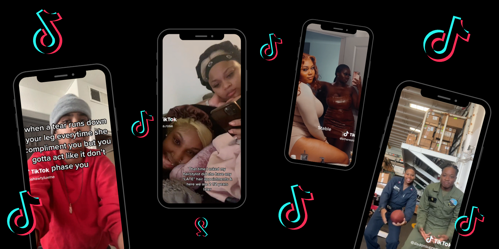 Four phones with screenshots of various TikToks on a Black background, the TikTok logo floats in between them all