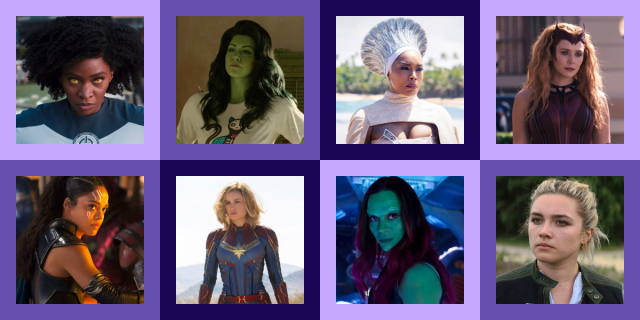 Eight Marvel heroes: Carol Danvers/Captain Marvel Scarlet Witch/Wanda Maximoff Valkyrie Ramonda Gamora Jennifer Walters/She-Hulk Monica Rambeau Yelena Belova