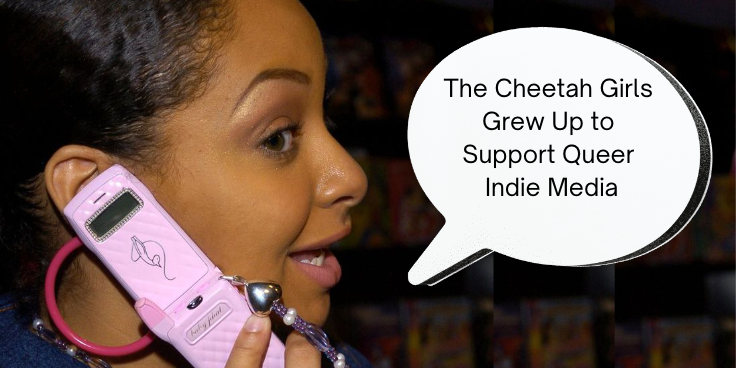 A meme of Raven Symoné talking on a Baby Phat phone (it's pink) that has her saying "the Cheetah Girls grew up to support queer indie media"
