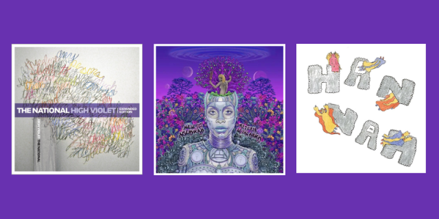 Three album covers (The National's High Violet, Erkyah Badu's New Amerikyah, and Hanna) are placed in front of a solid royal purple background