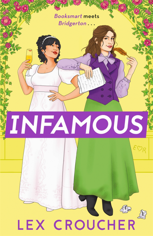 the cover of infamous features two women, one in a white almost bridal dress and one in a purple and green outfit