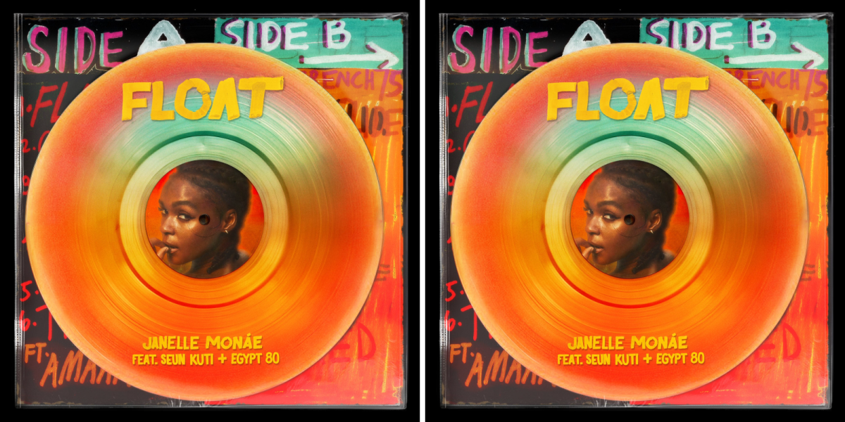 The cover of Janelle Monae's "Float" shows them in the middle of an orange old school record. The cover is repeated twice in this image.