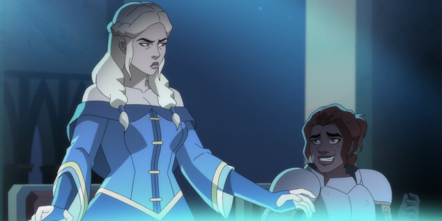 Lady Allura scowls at her wife Lady Kima, who grins nervously
