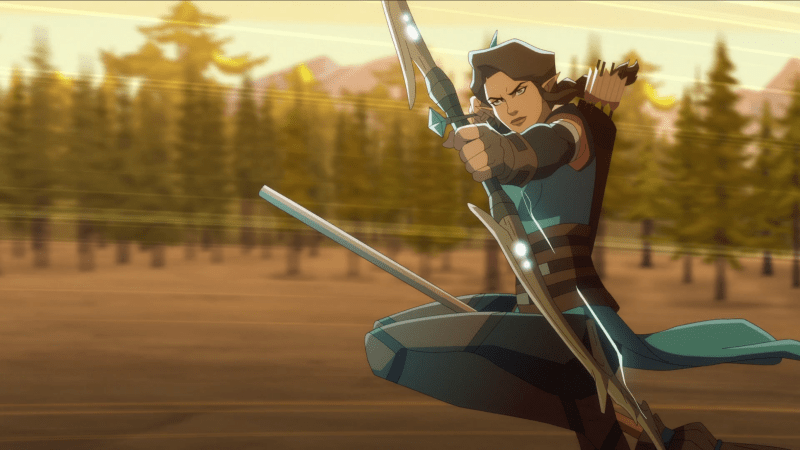 Vex sits on her flying broom and draws back on her bow
