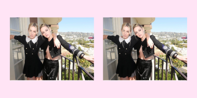A photo of Dylan Meyer and Kristen Stewart, in seemingly matching Black and White outfits and messy blonde hair, standing on a sunny balcony. The photo is repeated twice, in a collage, in front of a pink background.