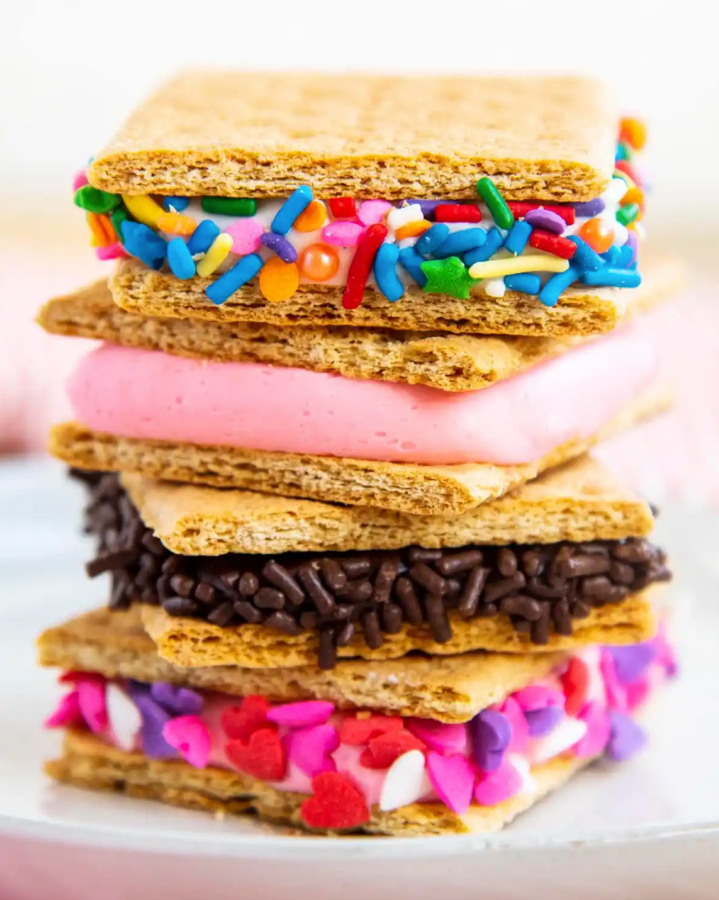graham cracker sandwiches with frosting and sprinkles between them