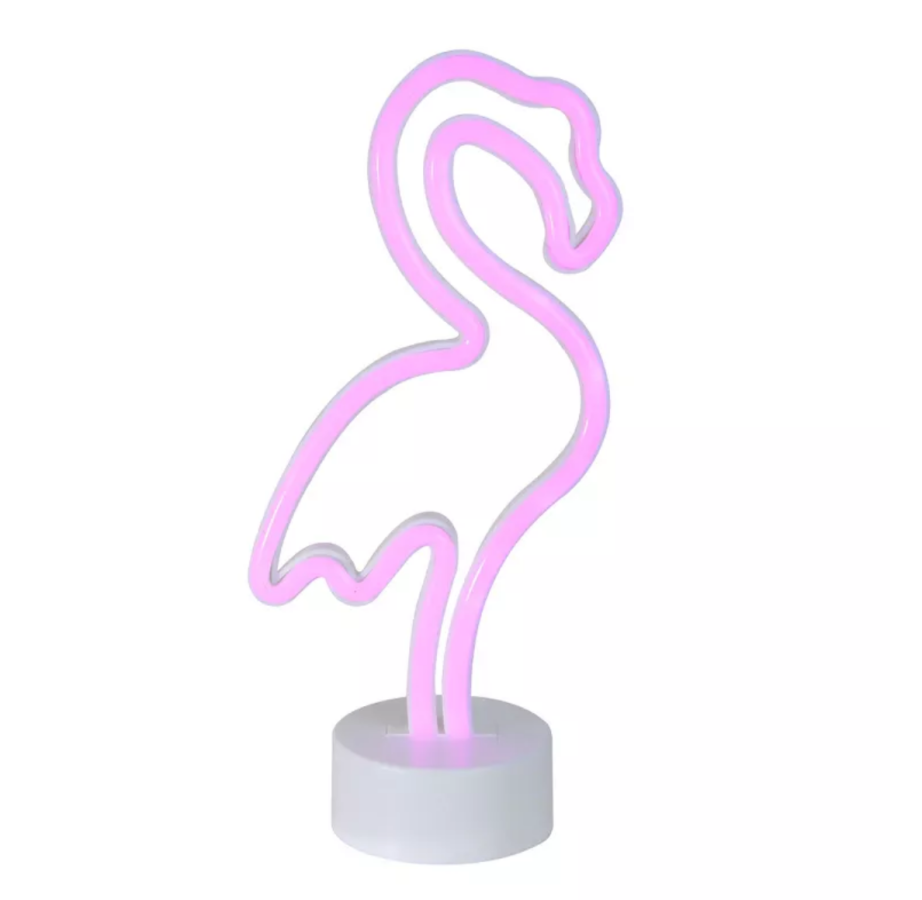A light-up pink flamingo table light