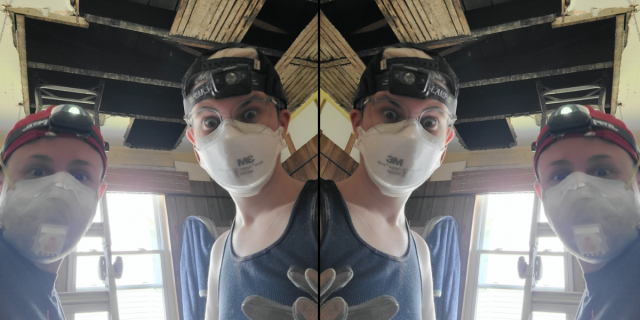 A kaleidoscope esque mirrored image of Sadie and Nico in N 95 masks and backwards hats, with wide eyes standing on ladders beneath a ceiling full of holes exposing the lathe behind the plaster. the vibe is chaotic.