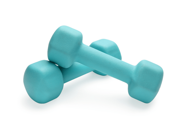 Two teal dumbbells are against a white background. One rests on top of the other.