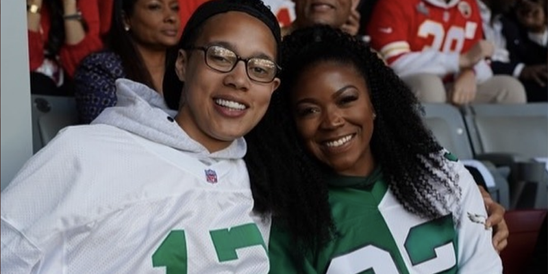 Brittney and Cherelle Griner in Eagles jerseys at the Super Bowl in Phoenix, AZ