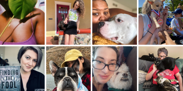 a collage of eight team members holding things (pets, plants, a book) that are dear to them