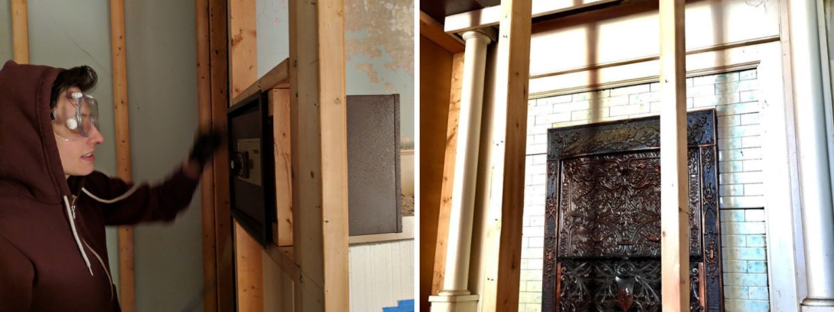 On the left is a photo where Sadie, in a hoodie and safety goggles, inspects a safe that has been put into the closet's framing, the back of it balanced on the mantle of the fireplace that was behind a false wall. On the right is a photo of the uncovered antique fireplace.