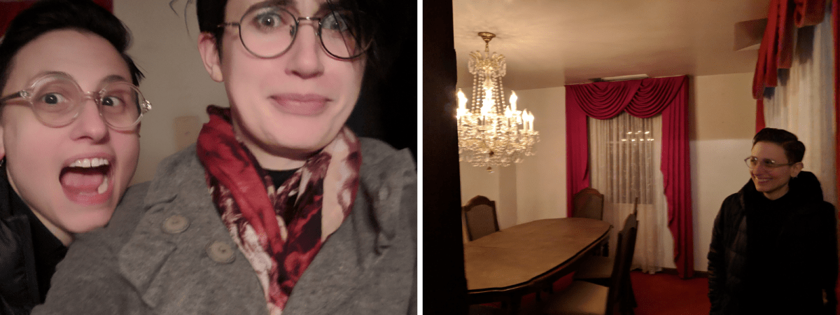 a collage of two photos. on the left sadie and nico make silly faces in a couples' selfie, nico looking anxious and sadie yelling. in the other photo, sadie smiles nervously and giddily in a dining room with bright red curtains, a weird old chandelier and a dining room table.