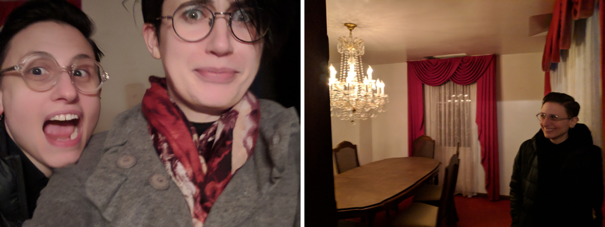 a collage of two photos. on the left sadie and nico make silly faces in a couples' selfie, nico looking anxious and sadie yelling. in the other photo, sadie smiles nervously and giddily in a dining room with bright red curtains, a weird old chandelier and a dining room table.