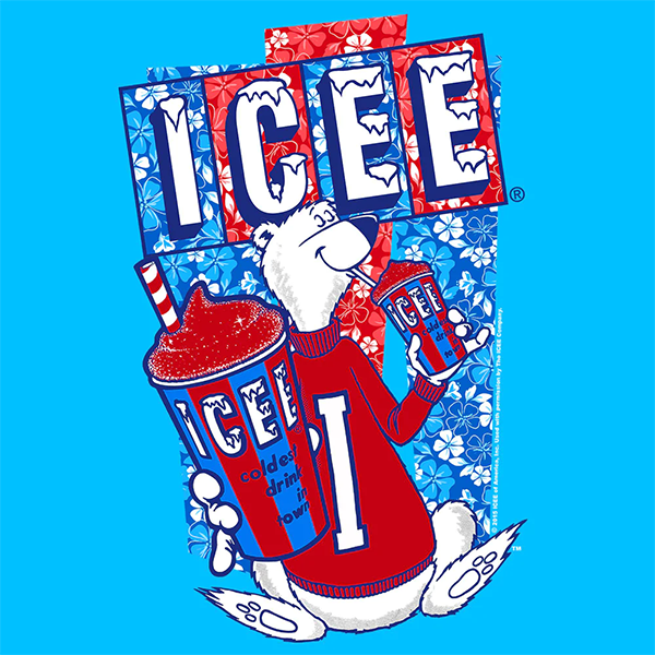 The Icee Bear, in a red sweater, sips a cheery Icee
