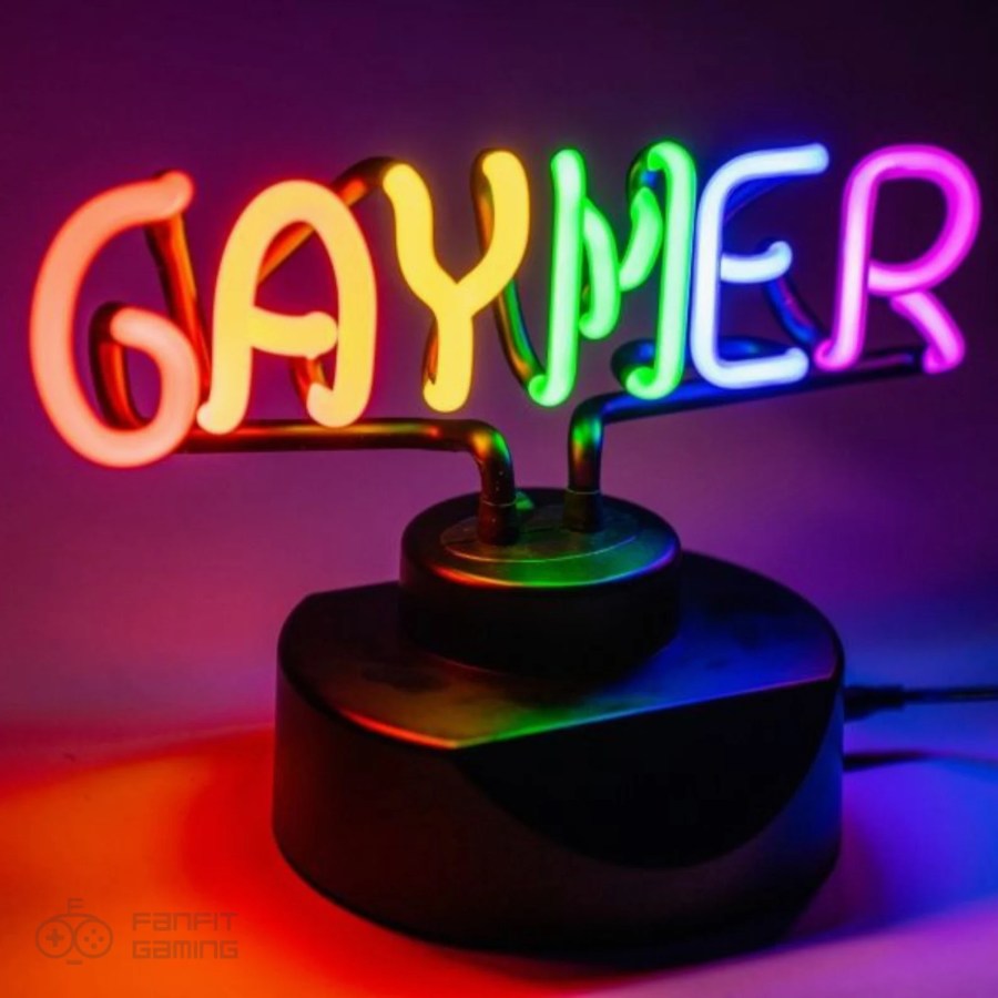 a rainbow neon sign that reads "GAYMER"