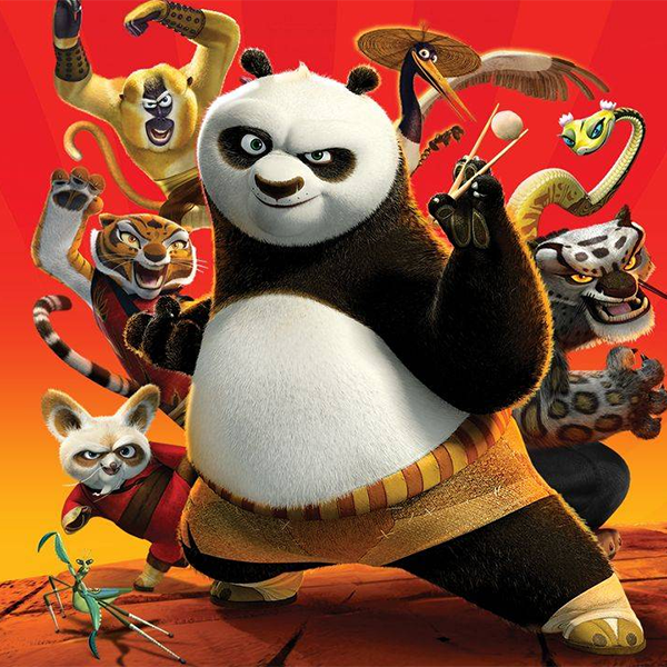Po from Kung Fu Panda, surrounded by his karate pals