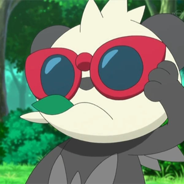 The panda bear cub-looking Pokemon is chewing on a lead and wearing red sunglasses. 