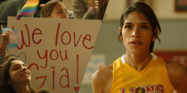 A sign that says "We love you Gia" / Gia in her basketball uniform eyeing the goal on Quantum Leap