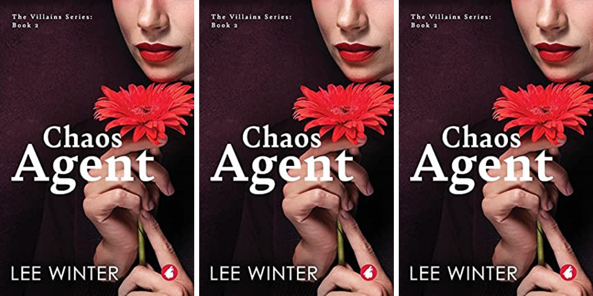 Chaos Agent by Lee Winter features a woman's face smelling a red flower