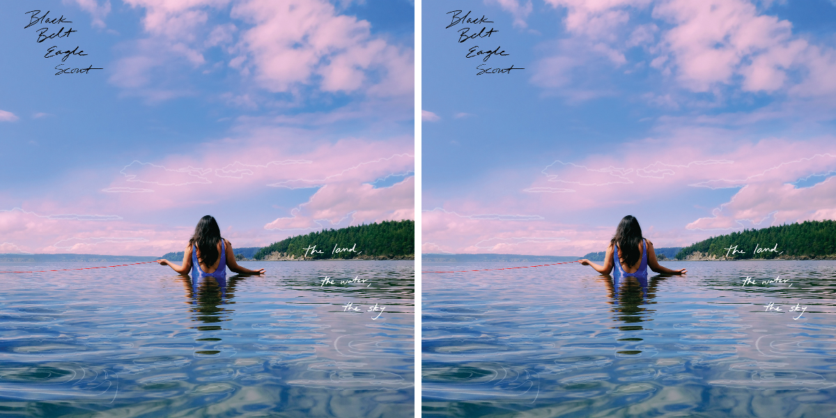 A woman wades in shallow water with a pink and blue sky above her on an album cover that also says: Black Belt Eagle Scout, The Land The Water The Sky on it