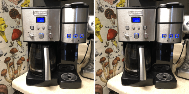 A programmable coffeemaker connected to a Keurig sits on a counter next to a mushroom tapestry