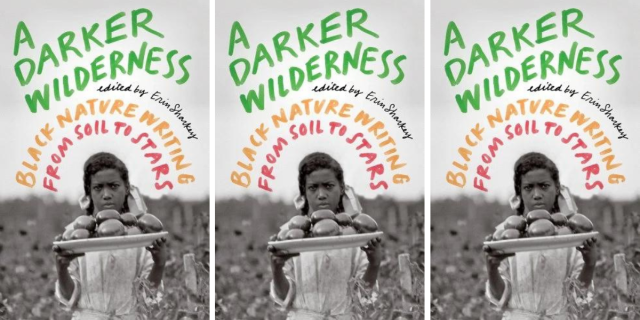 A Darker Wilderness: Black Nature Writing from Soil to Stars, edited by Erin Sharkey, featuring a Black girl in an open field holding a plate in outstretched arms