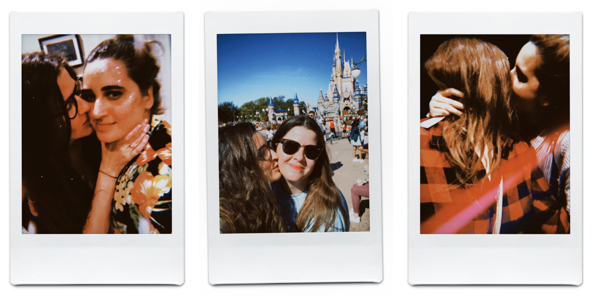 Photo 1: Kristen kisses Kayla with her hand on her throat. Photo 2: Kayla kisses Kristen's cheek in front of the castle at Disney World. Photo 3: Kristen and Kayla make out in an elevator