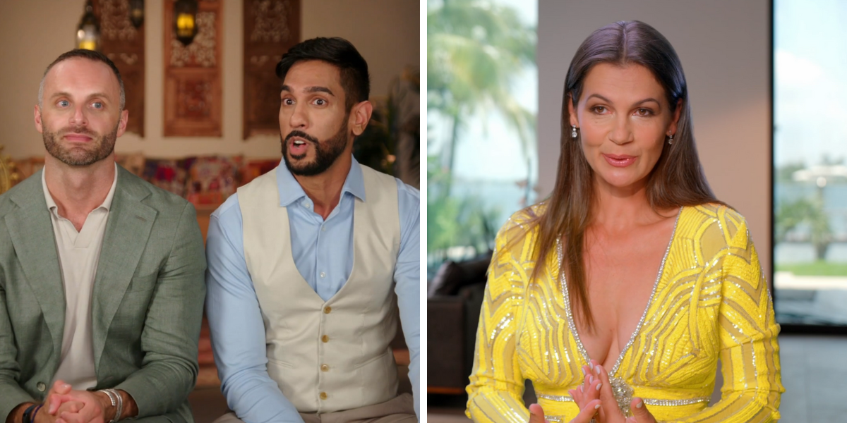 Photo 1: A white man named Nicolas wears a light green suit and sits next to his fiancé, an Indian man with a beard and short hair named Amrit who wears a blue buttondown and tan buttoned vest for a testimonial on Family Karma. Photo two: A white woman named Julia wears a yellow low-cut dress for a testimonial for Real Housewives of Miami.