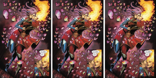 Betsy Braddock and Rachel Summers kiss as the two float into the air surrounded by butterflies and fire. Rachel says “Sorry…are those…rainbow butterflies?” And Betsy replies “Bit on the nose, Rach…”