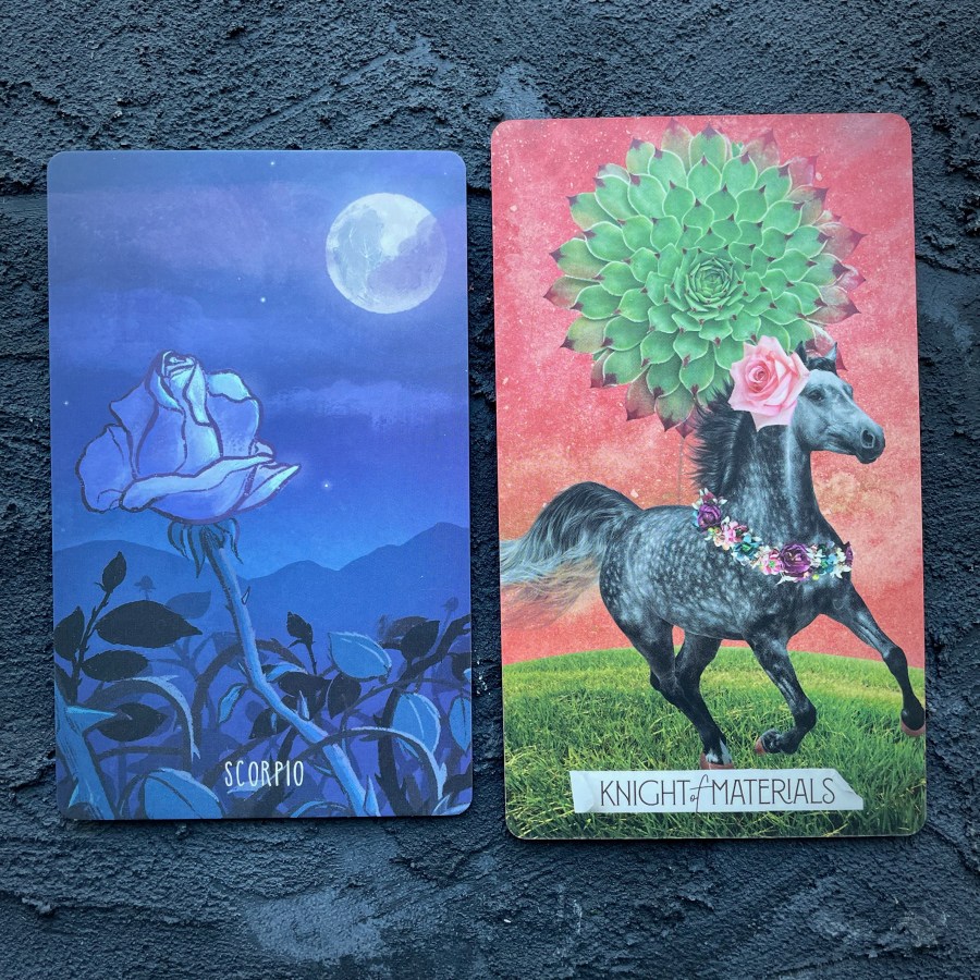 Two cards in front of a navy blue background, right to left: Scorpio (a white rose at night on a full moon) and Knight of Materials (a horse with flowers)