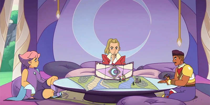 She-Ra, Bow, and Glimmer play Dungeons and Dragon in She-Ra and the Princesses of Power.