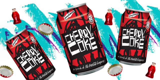 Three retro cans of Cherry Coke surrounded by gummy sodas and bottle caps against a jazz cup pattern