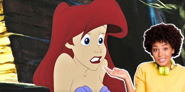 ariel from the little mermaid animated movie grimaces and cringes while a Black woman wearing headphones around her neck in a stock photo confronts the camera and shrugs as though to say "what can I say?"