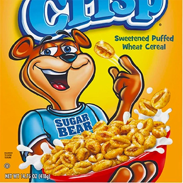 Sugar Bear on a box of Golden Crisp cereal. 