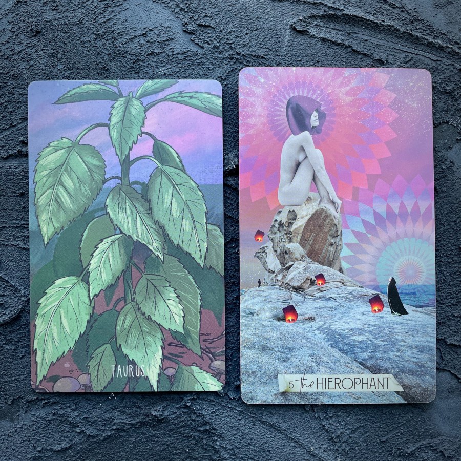Two cards in front of a navy blue background, right to left: Taurus (a plant) and the Hierophant (a person with breasts sitting on a snow covered rock seaside)